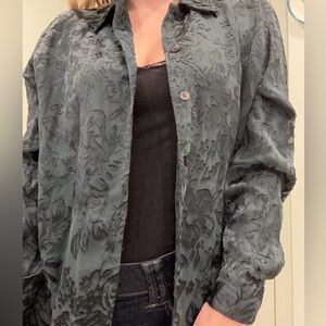 JNY Floral Jacquard Dark Green Silk Blouse Button Up Overshirt Sz 8